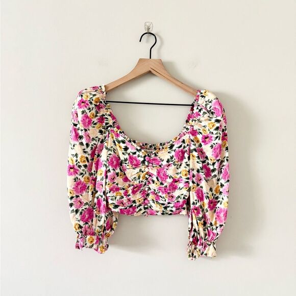 For Love & Lemons Cassia Satin Crop Top in Pink Floral - Size S - Picture 2 of 6